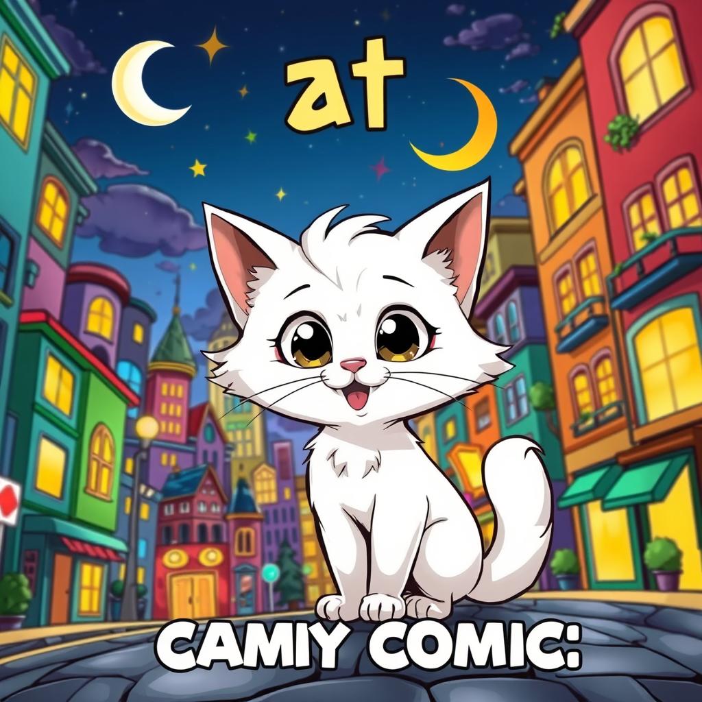 A captivating comic book cover featuring a charming white cat in a cartoon style, surrounded by a vibrant city at night