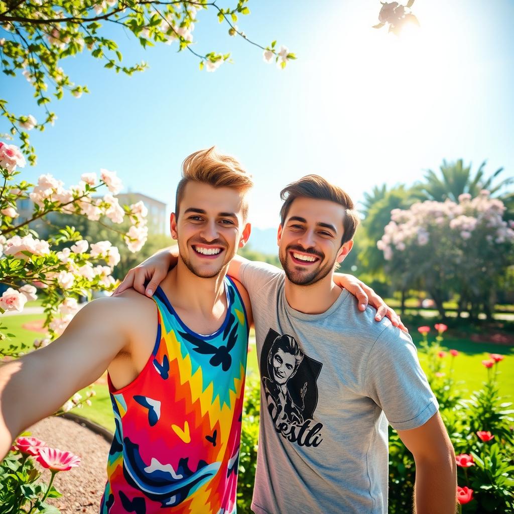 A vibrant and joyful scene featuring two young adult men sharing a lighthearted moment together in a picturesque park