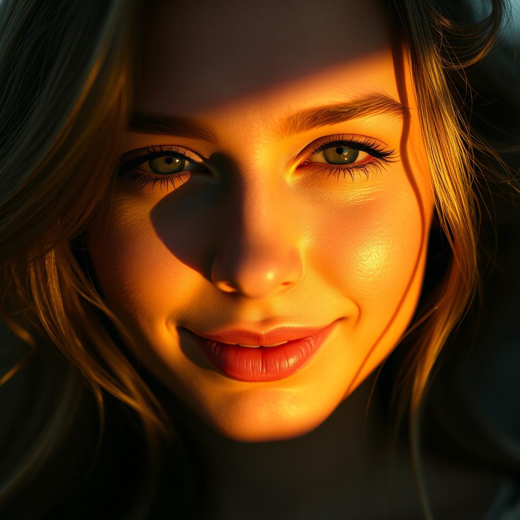A portrait of a woman partially illuminated by the warm light of sunset, showcasing a feminine mouth and delicate nose adorned with freckles