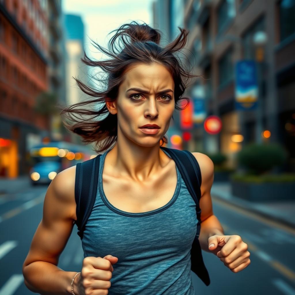 A woman running down an urban street, showcasing a sense of fatigue on her face
