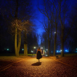 A stylish woman in a chic skirt, confidently walking in a peaceful park under the starlight. The surroundings are bathed in a soft glow from nearby street lamps, highlighting her elegance.