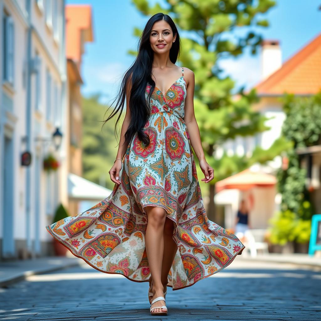 A 40-year-old Czech woman with long black hair, shown in a full-body view