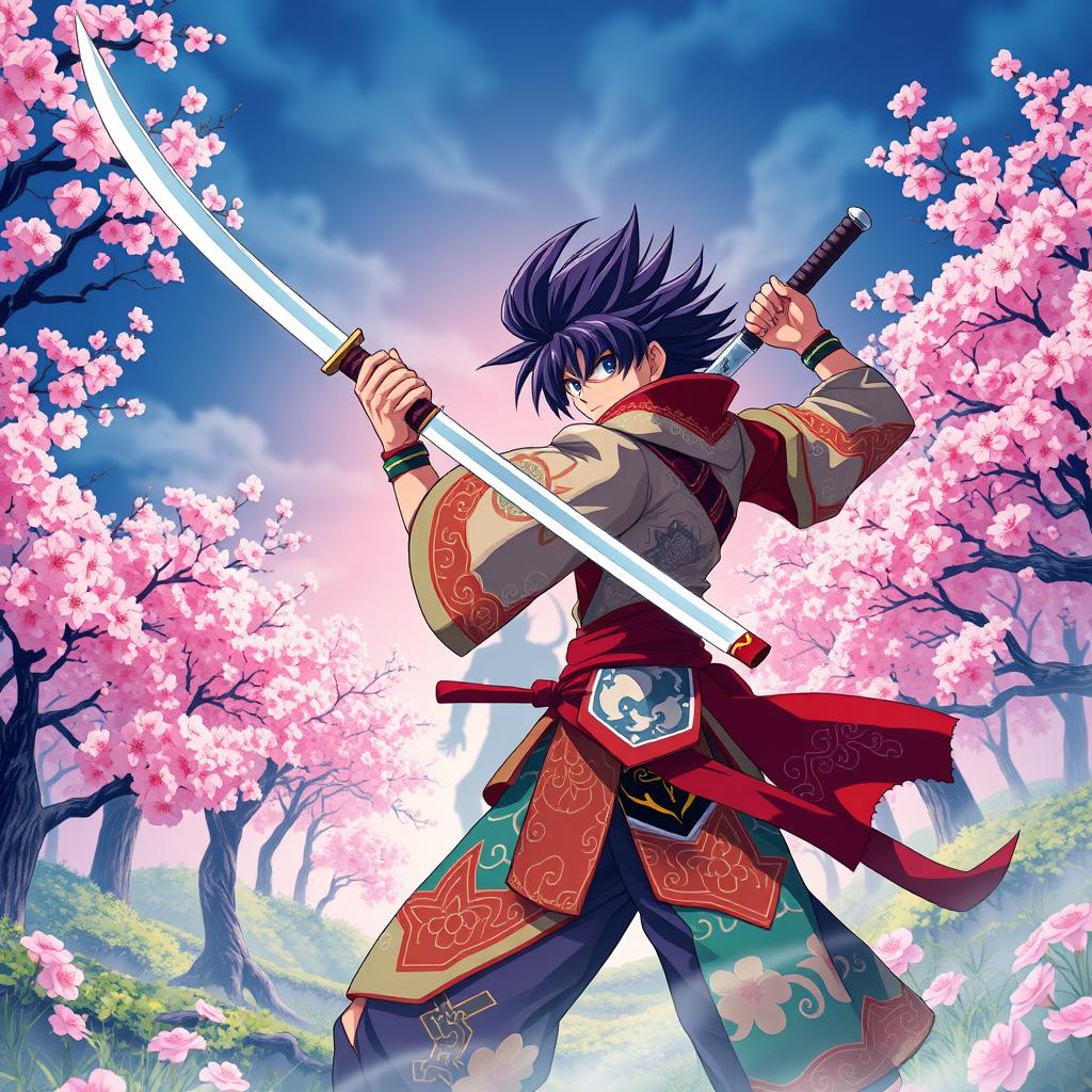A vibrant and dynamic scene featuring a skilled demon slayer wielding a katana, standing in a dramatic pose amidst a forest filled with mystical cherry blossom trees