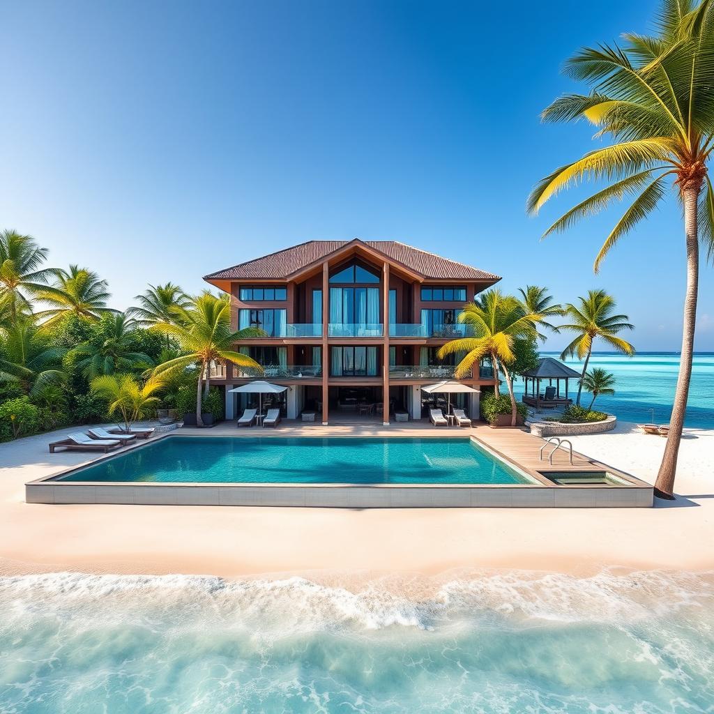 A luxurious five-star guest house in the Maldives, featuring three floors and an exquisite swimming pool