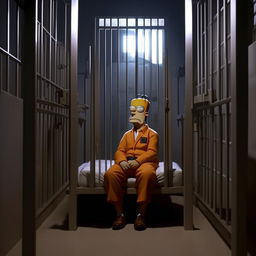 Homer Simpson, dressed in a formal suit, sitting on a plain cot within the stark, rigid confines of a jail cell. His facial expression communicates a mix of confusion and mild dismay.