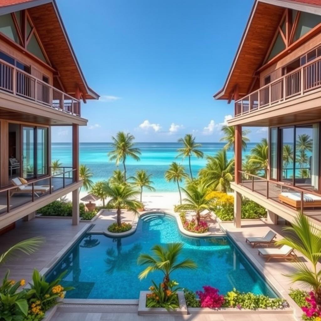 A beautiful guest house in the Maldives, featuring three floors and a stunning swimming pool