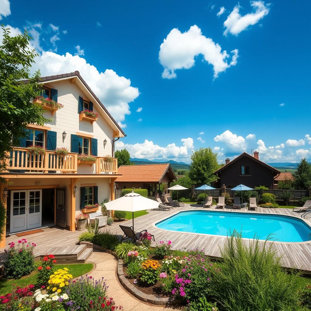A charming guest house with three floors and a delightful swimming pool set in a picturesque landscape