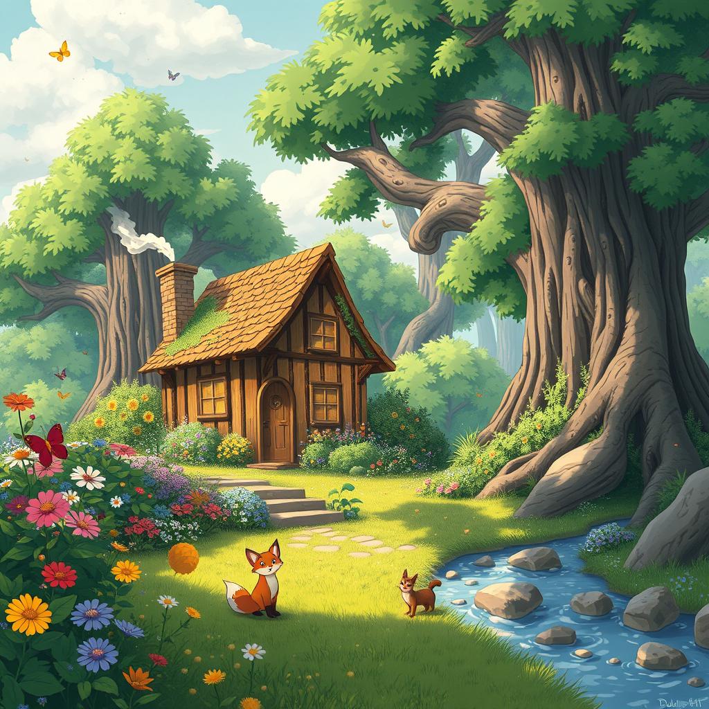 A magical forest scene in the style of Studio Ghibli, featuring lush greenery and whimsical creatures