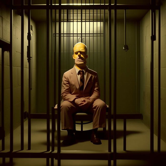 Homer Simpson, dressed in a formal suit, sitting on a plain cot within the stark, rigid confines of a jail cell. His facial expression communicates a mix of confusion and mild dismay.