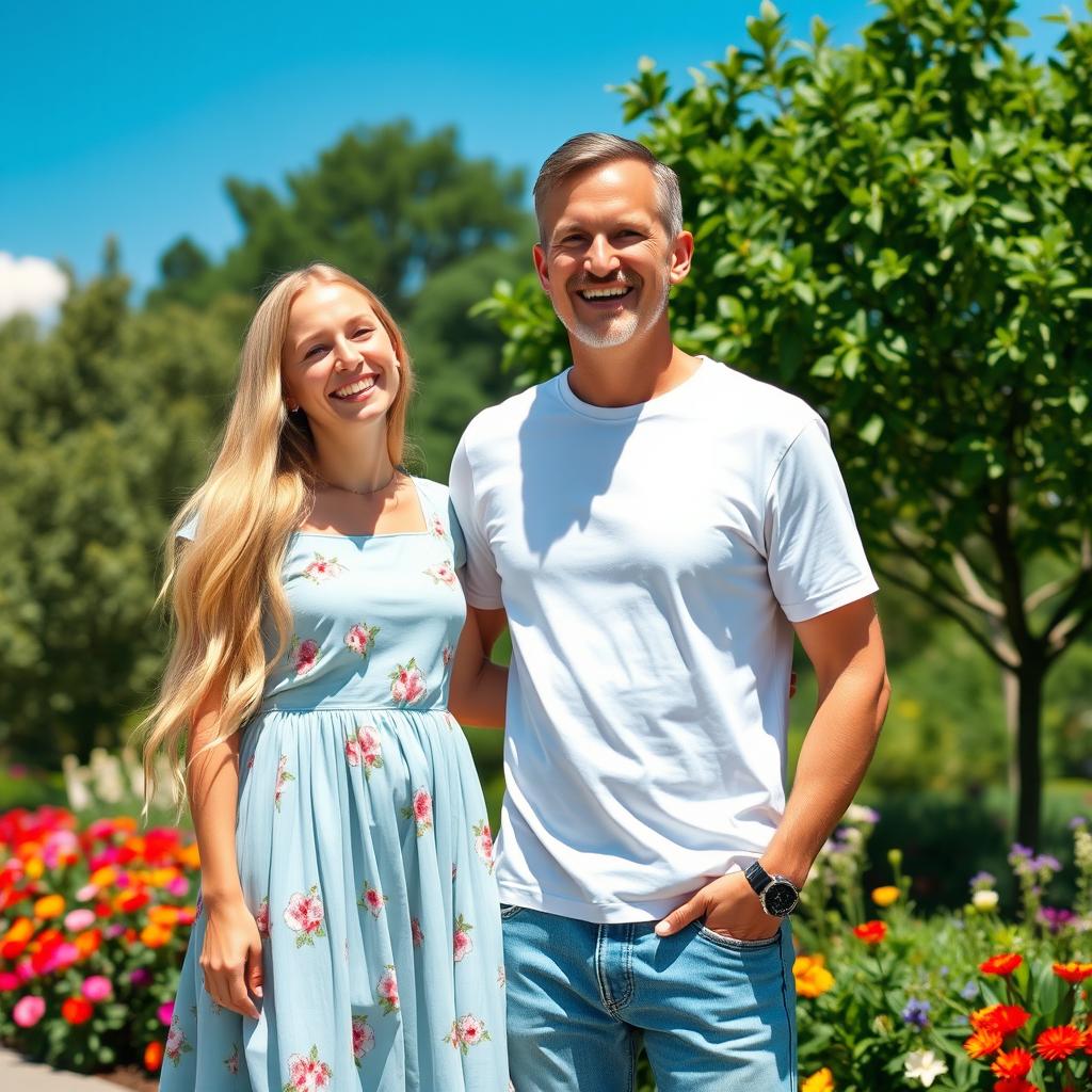 A cheerful woman with long blonde hair stands beside a smiling man, both enjoying a sunny day at the park