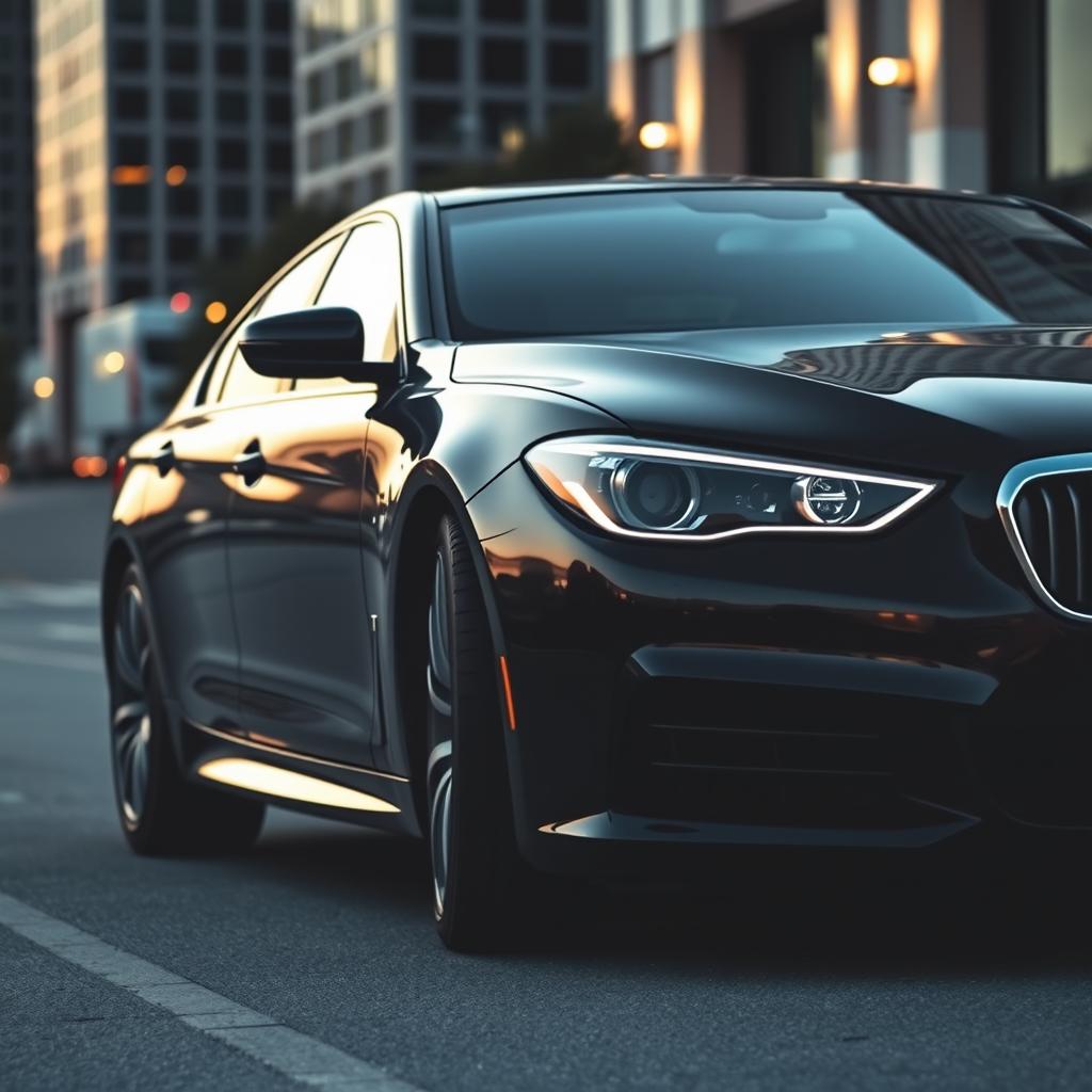 A luxurious black sedan, sleek and low to the ground, showcasing its elegant curves and modern design