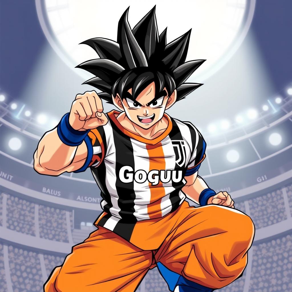 A dynamic and vibrant illustration of Goku, the iconic character from Dragon Ball, wearing a Juventus football jersey