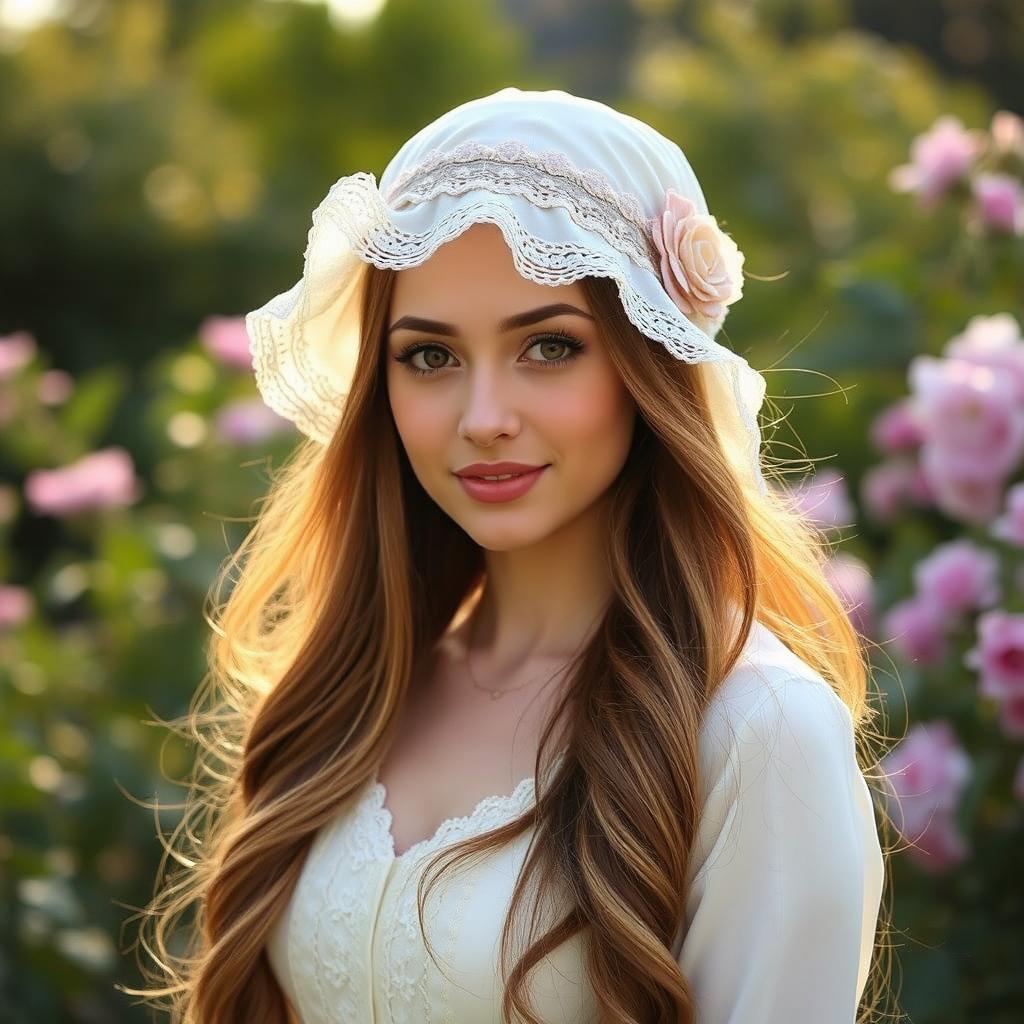 A young woman with long flowing hair wearing a stylish and elegant bonnet