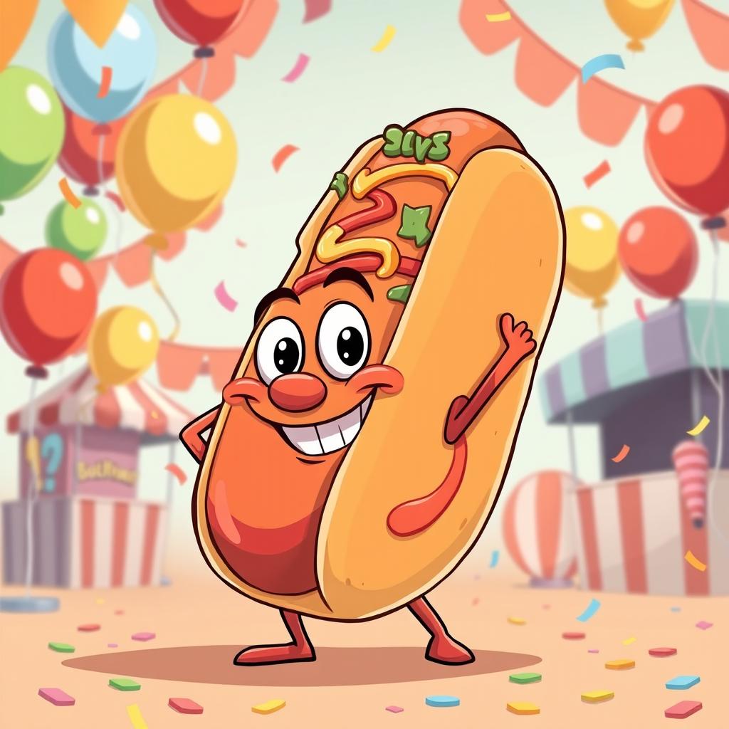 A playful and humorous illustration of a cartoonish giant hotdog, shaped like a playful sausage character