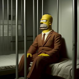 Homer Simpson, dressed in a formal suit, sitting on a plain cot within the stark, rigid confines of a jail cell. His facial expression communicates a mix of confusion and mild dismay.