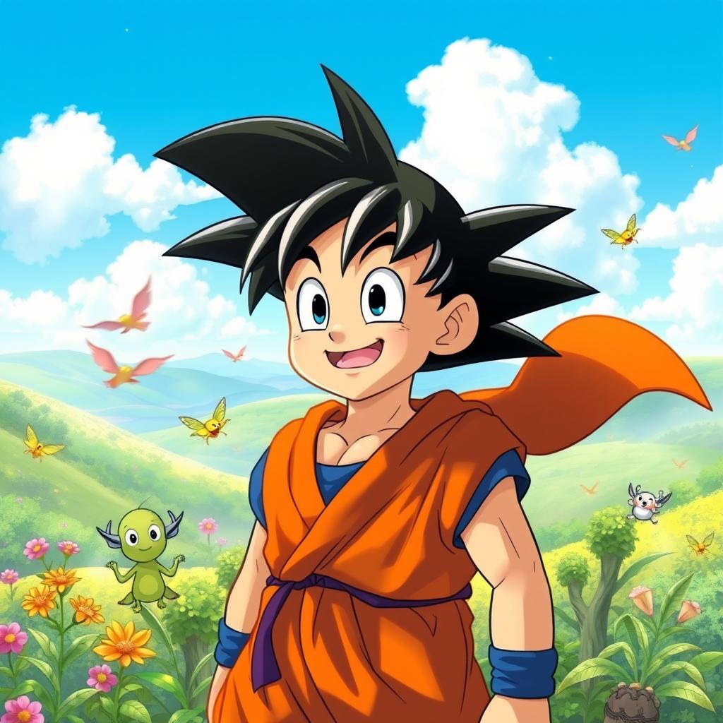 A creative interpretation of Goku as a character in the Studio Ghibli style, featuring lush, vibrant environments typical of Hayao Miyazaki's films