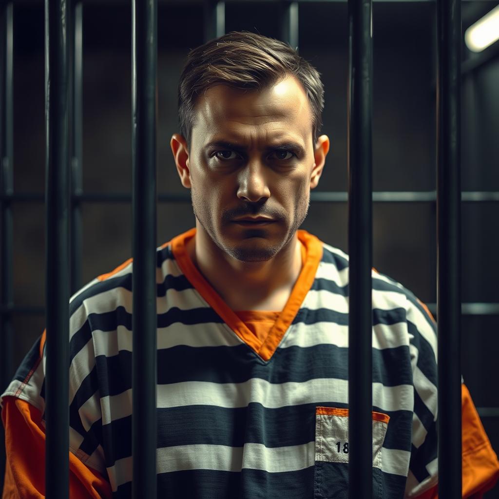 A prisoner inside a jail cell, wearing a classic striped prison uniform with white and black stripes or an orange jumpsuit