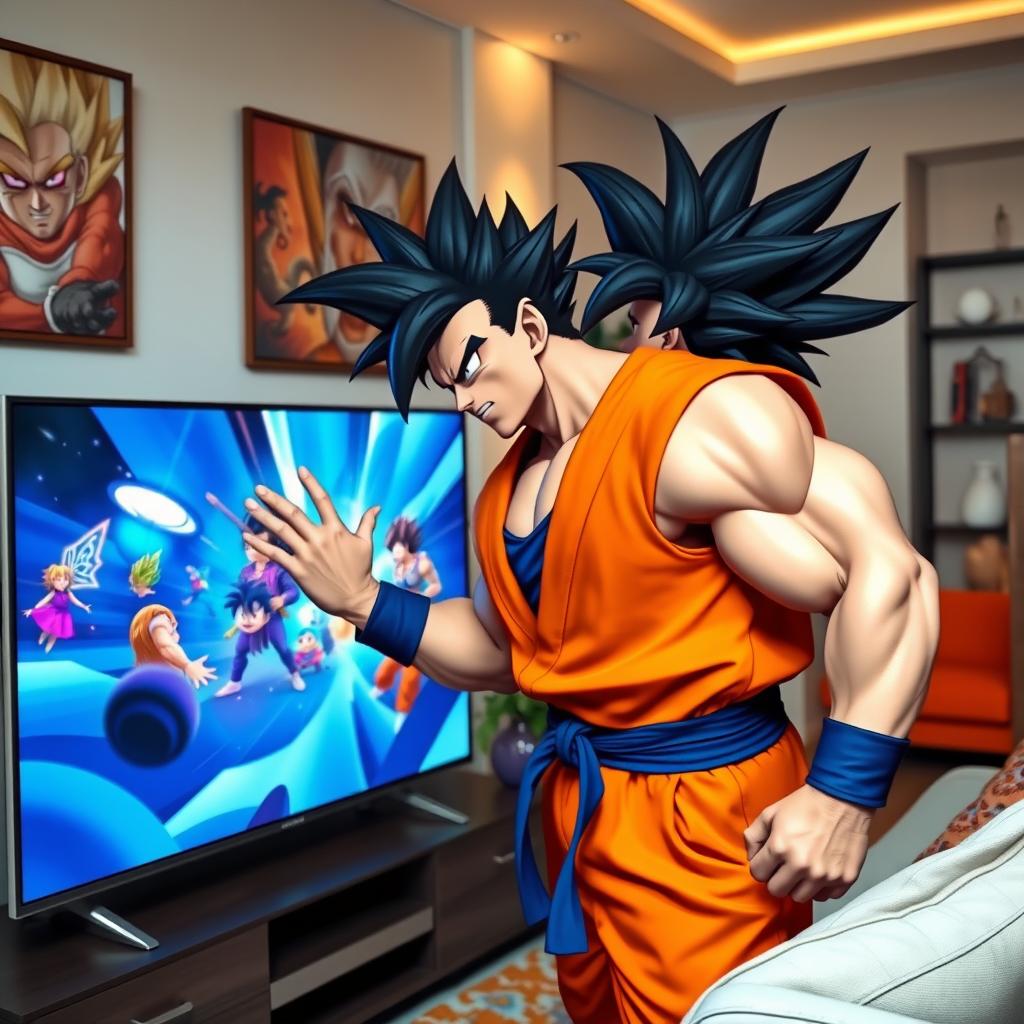 A muscular and powerful character resembling a Saiyan warrior with spiky black hair, wearing an orange gi with a blue undershirt, is reaching out to touch a sleek, modern smart TV