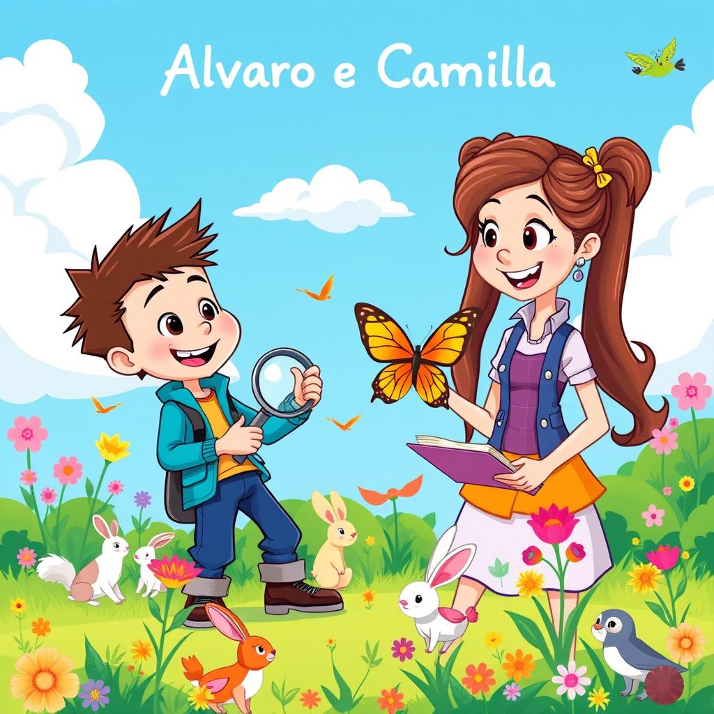A vibrant and colorful illustration inspired by the cartoon Alvaro e Camilla, featuring the main characters Alvaro, a playful and adventurous boy with spiky hair, and Camilla, a clever and resourceful girl with long hair tied in two cute ponytails