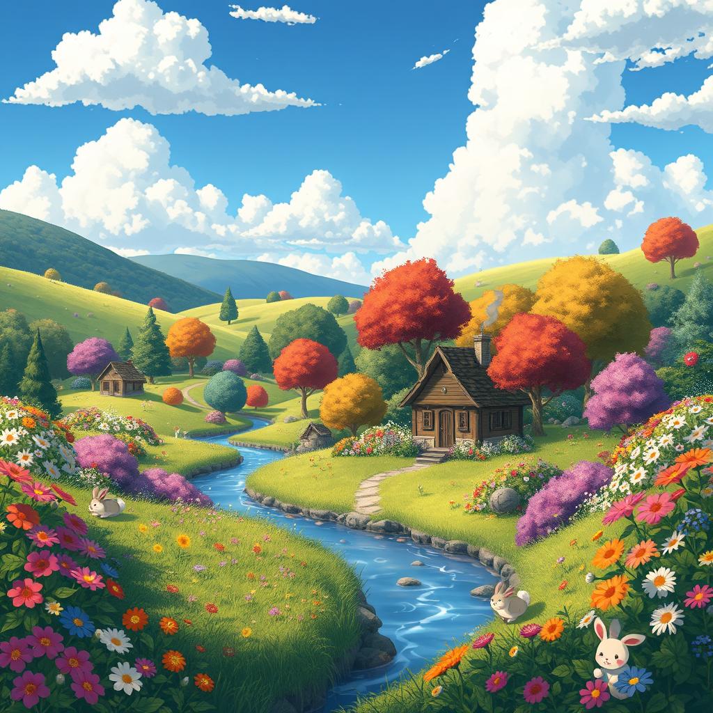 A whimsical fantasy landscape filled with lush greenery, vibrant flowers, and rolling hills in the signature Studio Ghibli style