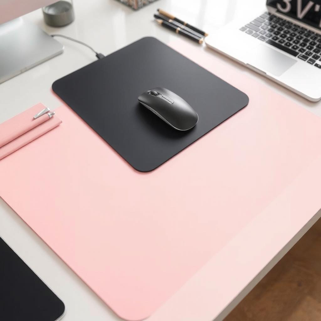 A close-up view of a computer mousepad originally in black, now transformed to a soft light pink color