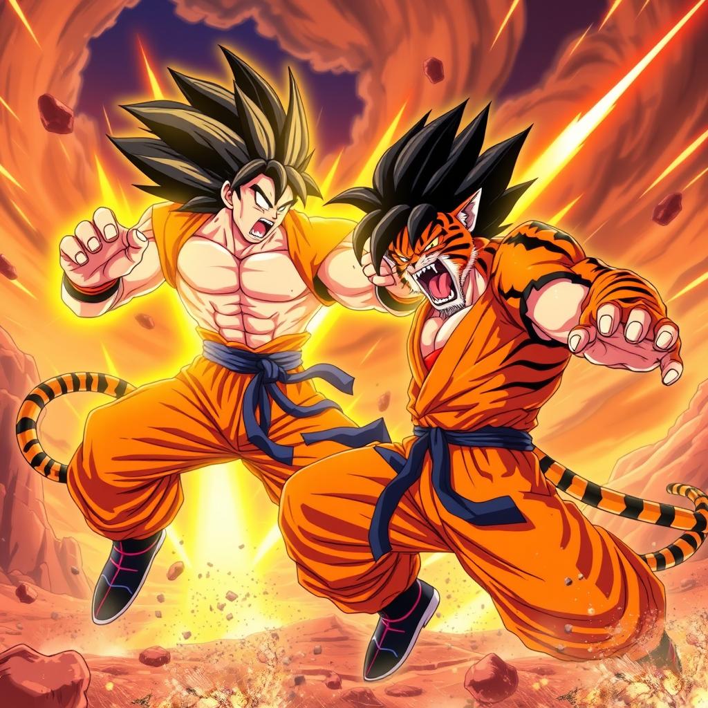 An epic showdown between a muscular, powerful Goku in his Super Saiyan form and a fierce, anthropomorphic tiger-man