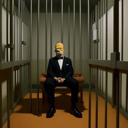 Homer Simpson, dressed in a formal suit, sitting on a plain cot within the stark, rigid confines of a jail cell. His facial expression communicates a mix of confusion and mild dismay.