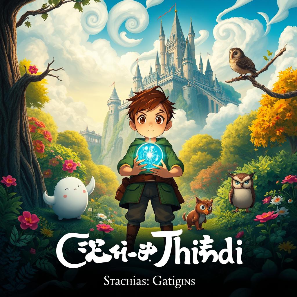 A captivating movie poster designed in the whimsical Studio Ghibli style, featuring a lush, fantastical landscape filled with vibrant colors and intricate details