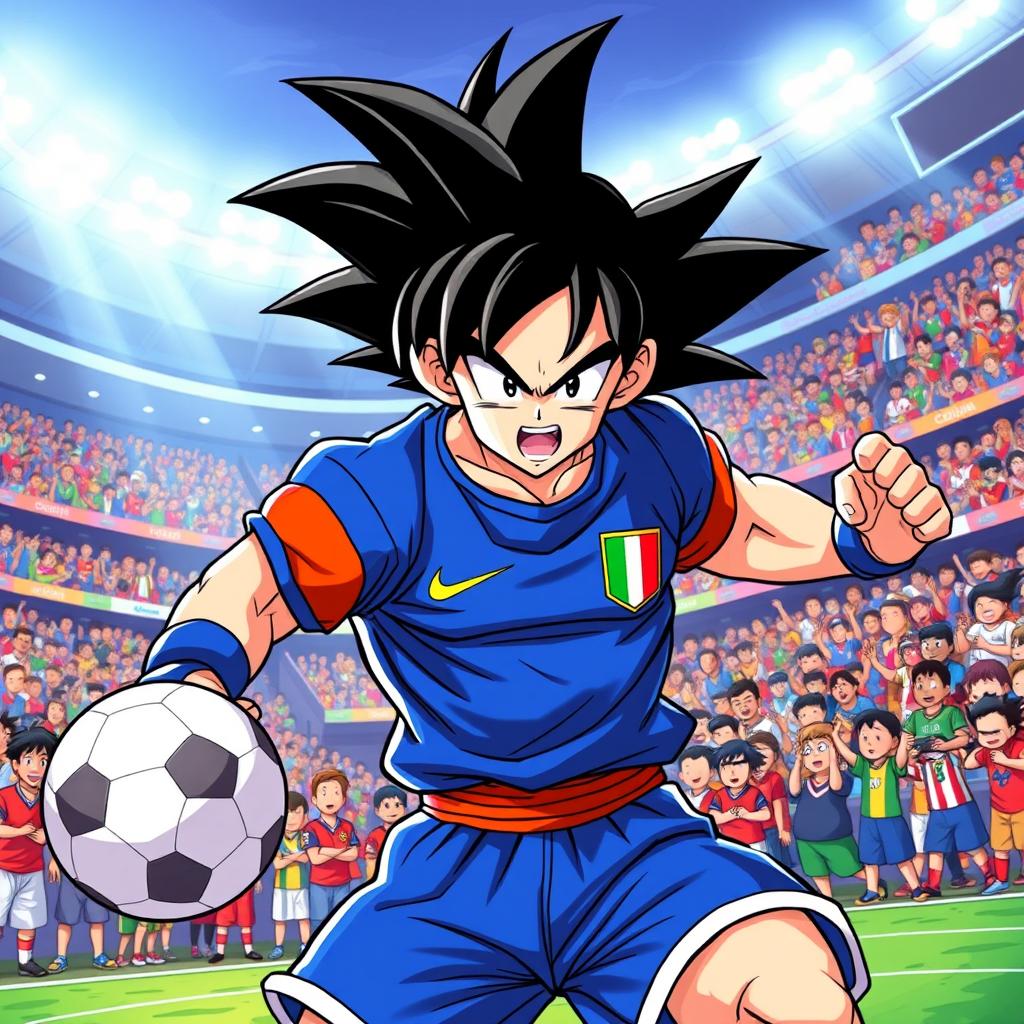 A vibrant and dynamic illustration of Goku, from Dragon Ball Z, dressed in the blue Italia soccer jersey