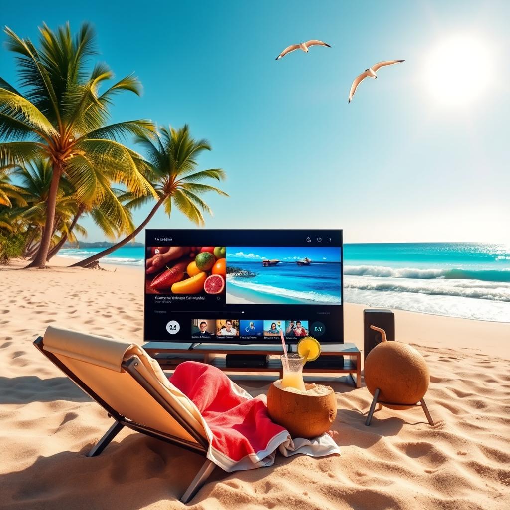 A smart TV set up on a sandy beach, with a vibrant blue ocean in the background, palms swaying gently in the breeze