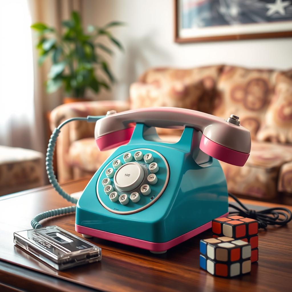 A vintage 1990s telephone with a classic rotary dial, vibrant colors like teal and pink, and a sturdy design