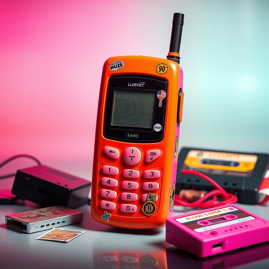 A retro 1990s mobile phone, showcasing a chunky design and vibrant colors