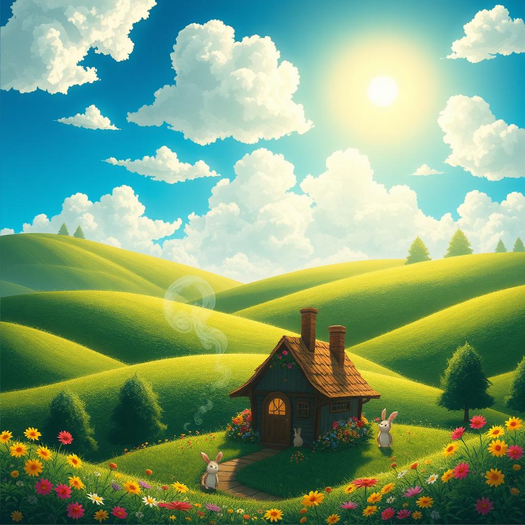 A whimsical and enchanting scene inspired by Ghibli films, featuring a lush green forest with gentle rolling hills and vibrant wildflowers