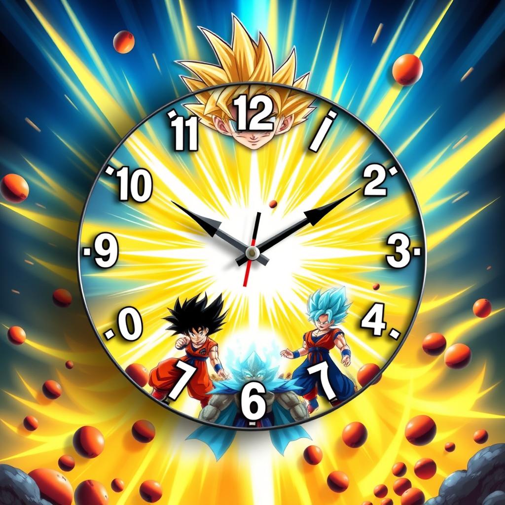 A vibrant wall clock design inspired by Dragon Ball featuring Super Saiyan characters