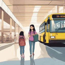 A young girl and her mother are navigating through a bustling city bus terminal in the early morning.