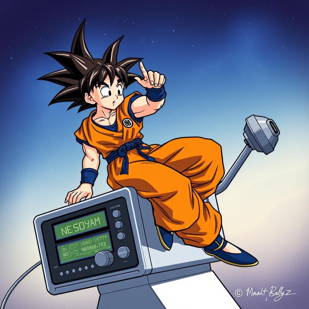 A detailed and artistic illustration of a satellite decoder with the iconic character Goku from Dragon Ball Z intricately designed on top