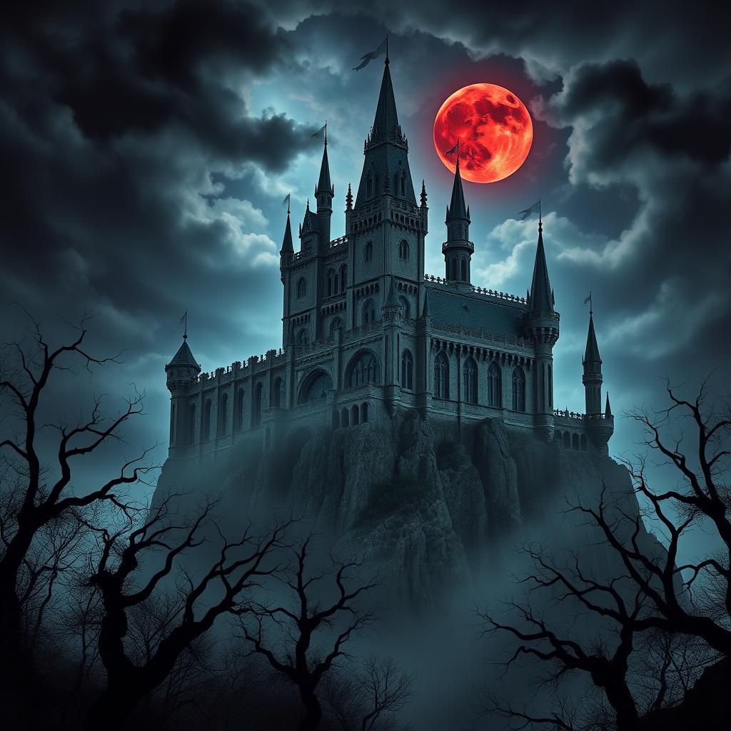 A stunning medieval vampire castle, towering high on a misty cliff with gothic architecture