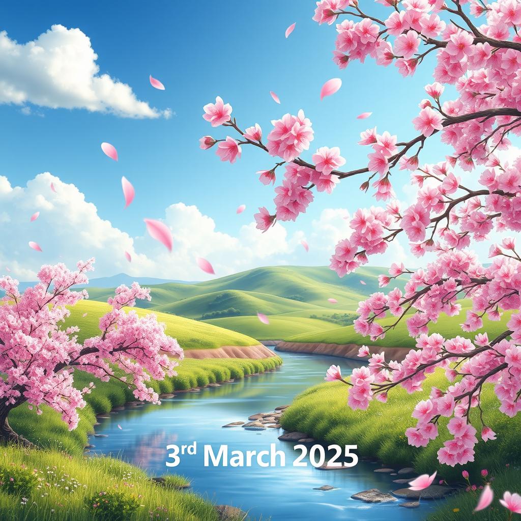An artistic representation of a beautiful spring landscape on the 3rd of March, 2025