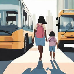 A young girl and her mother are navigating through a bustling city bus terminal in the early morning.