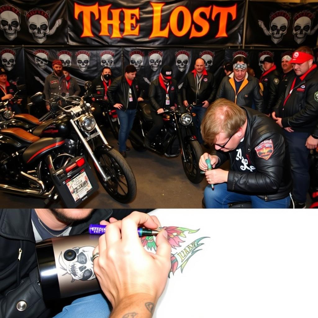 A motorcycle club opening event featuring the name 'The Lost' prominently displayed