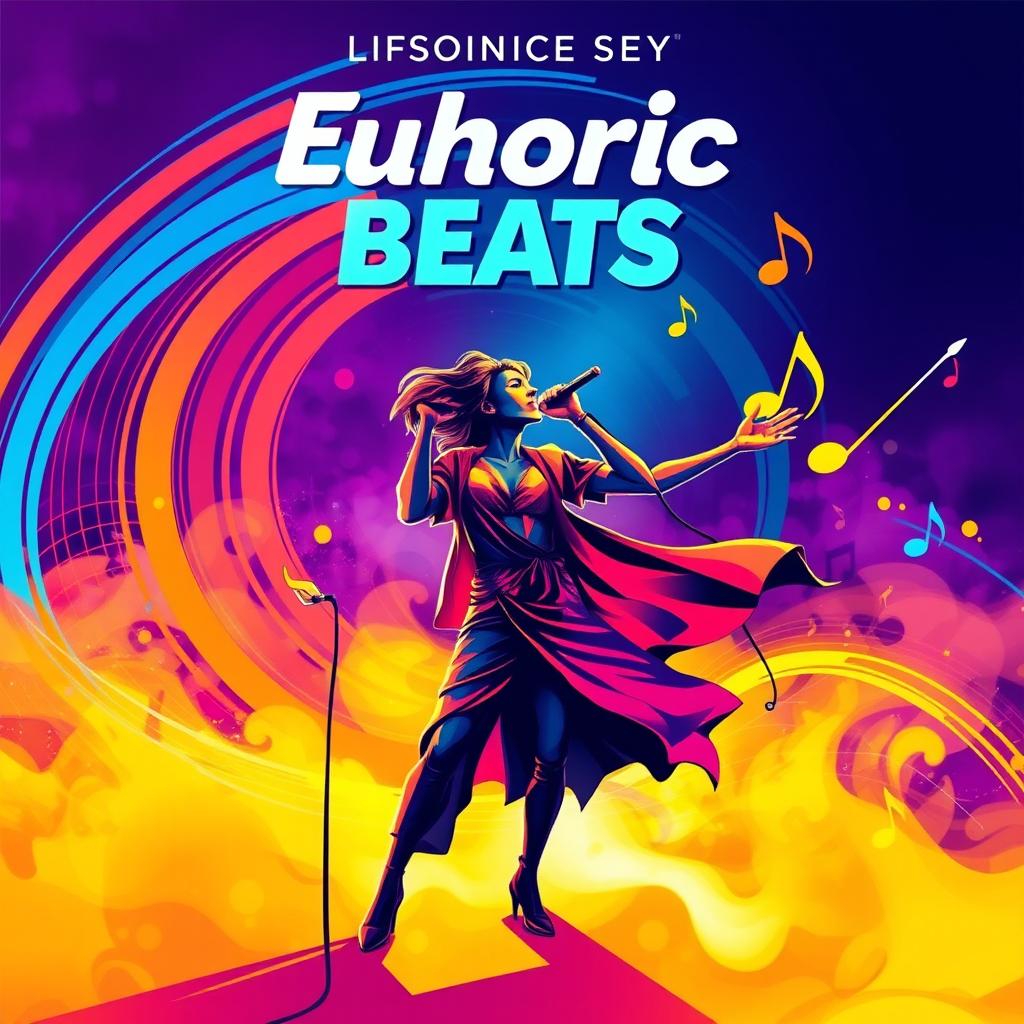 A vibrant and dynamic album cover design featuring a modern music theme, with a bold color palette of electric blues, fiery oranges, and rich purples