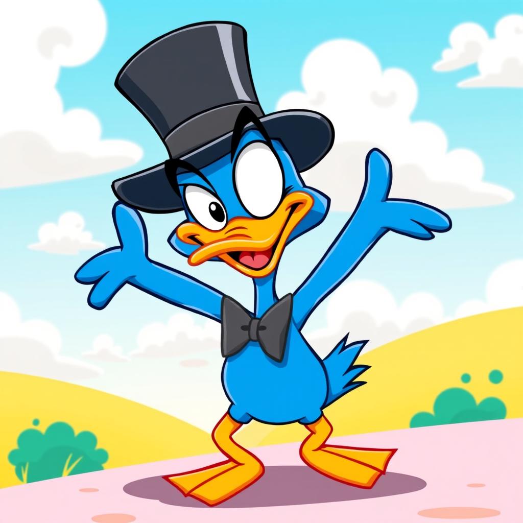 A whimsical blue duck character inspired by Daffy Duck, featuring a playful expression with large, expressive eyes and a wide beak