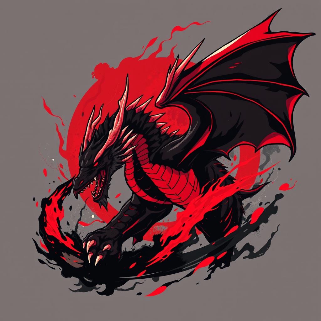 A demon slayer style illustration featuring a fierce dragon, rendered in striking black and red colors