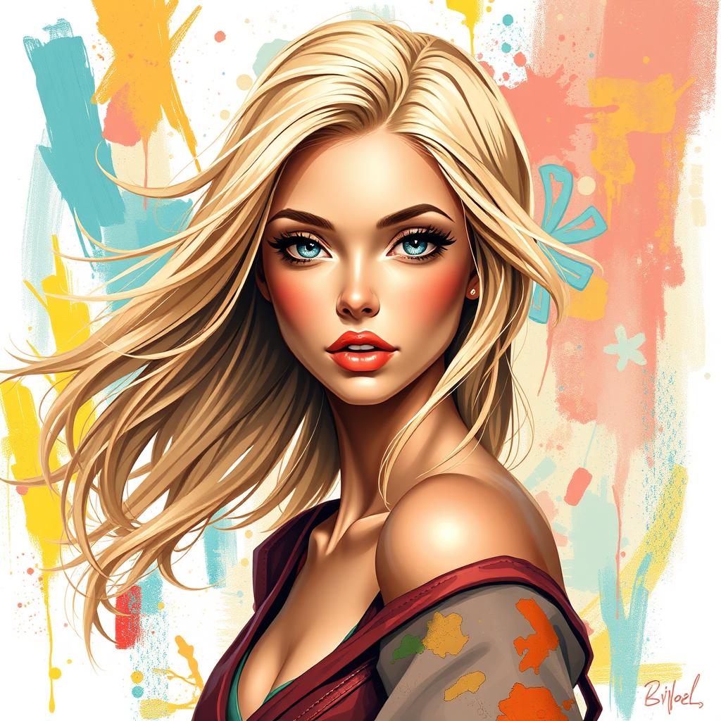 A stunning graphic artwork of a beautiful blonde woman with flowing hair, set against an abstract painted background filled with vibrant colors and dynamic brush strokes