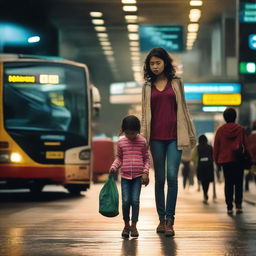 A young girl and her mother are navigating through a bustling city bus terminal in the early morning.