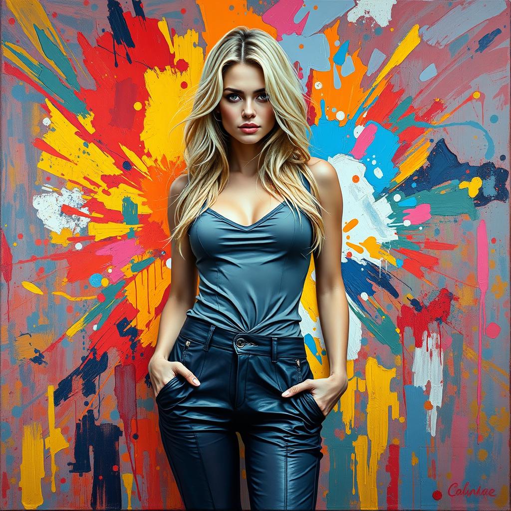 A full-body portrait of a beautiful blonde woman standing confidently, created using an impasto technique to add texture and depth to the painting