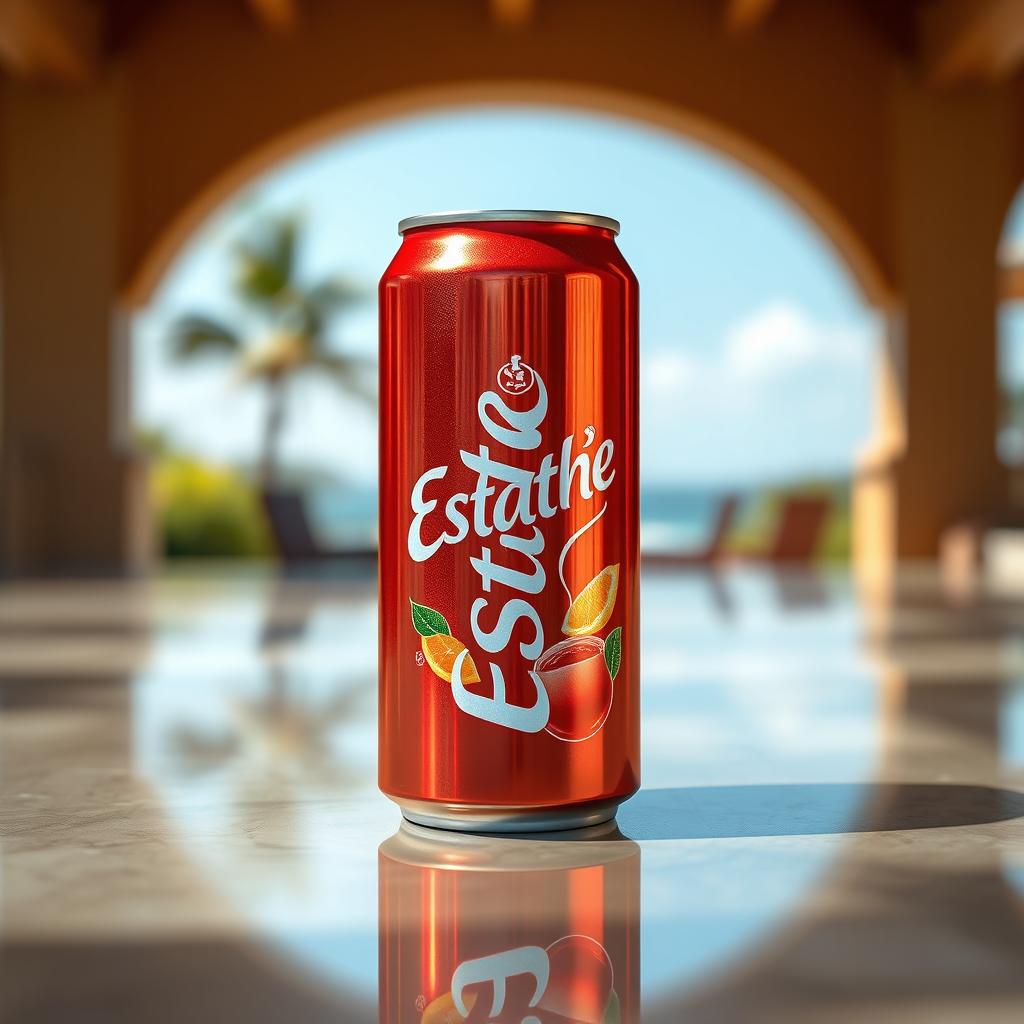 A red can of Estathé tea, beautifully rendered, showcasing the iconic logo and design elements