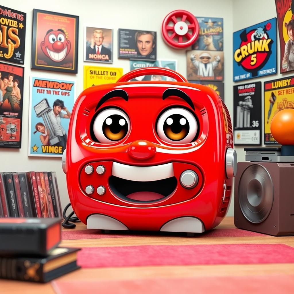 A cartoon-style red VCR (videocassette recorder) designed with exaggerated features