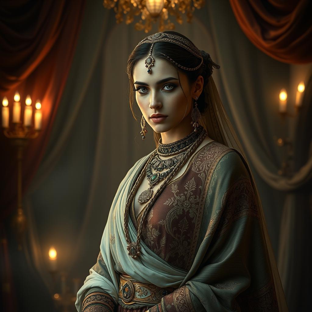 A captivating artwork featuring a figure inspired by Aleksandra Dulkiewicz, reimagined as a Persian slave from a historical narrative