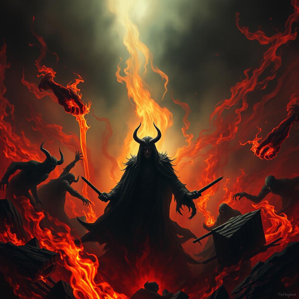 A dark and fiery scene depicting the legendary Kochanowski in a hellish setting, surrounded by swirling flames and dark shadows